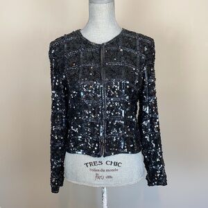 Rina Z. Women Vintage Black Sequin Grid Pattern Silk Blazer Jacket Sz Small Glam